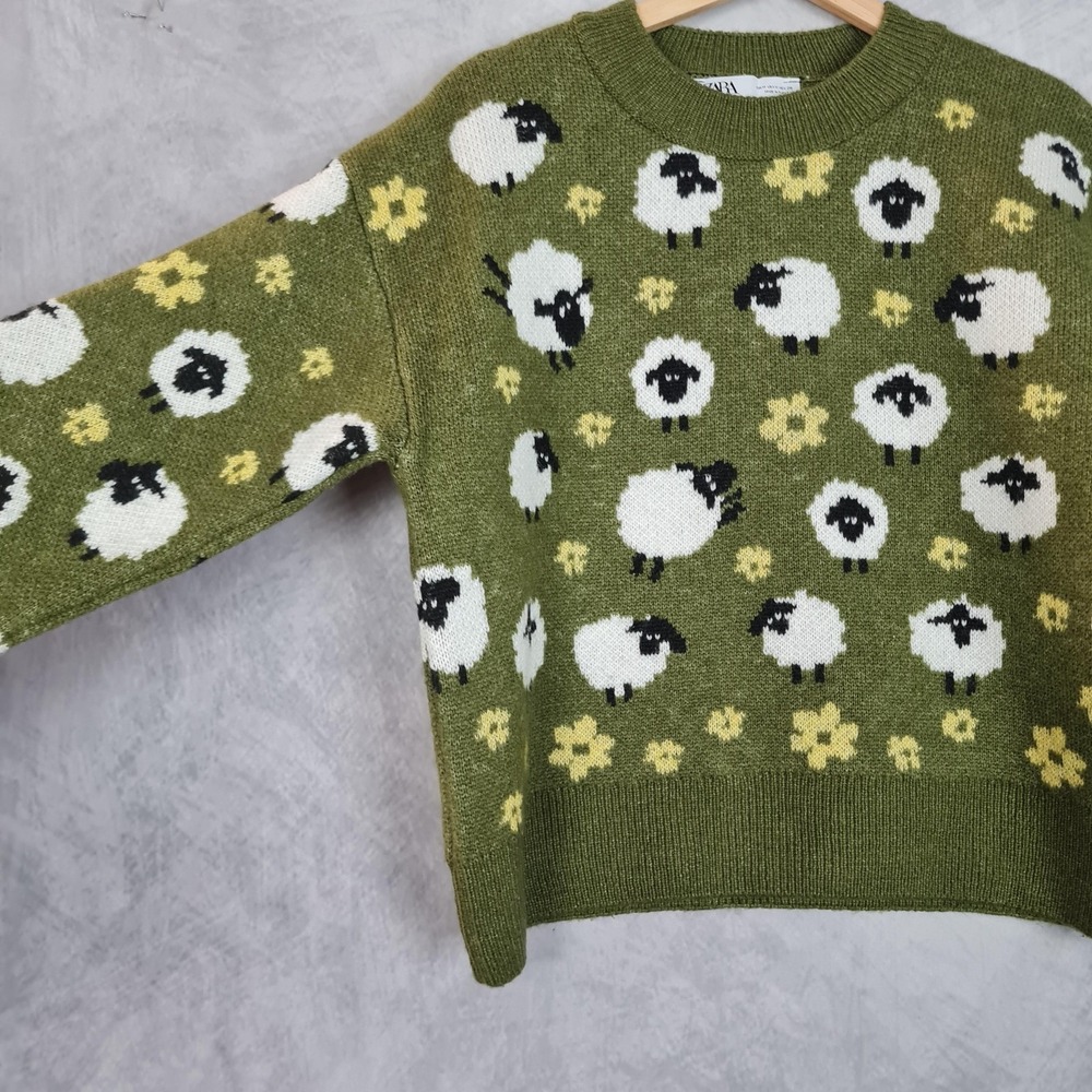 Zara Sweater Womens Medium Green Sheep Floral Graphic Knit Pullover Kawaii - Picture 10 of 16